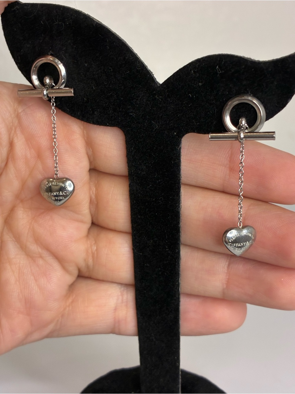 Vintage Sterling Silver Heart Toggle Drop Earrings - Silver